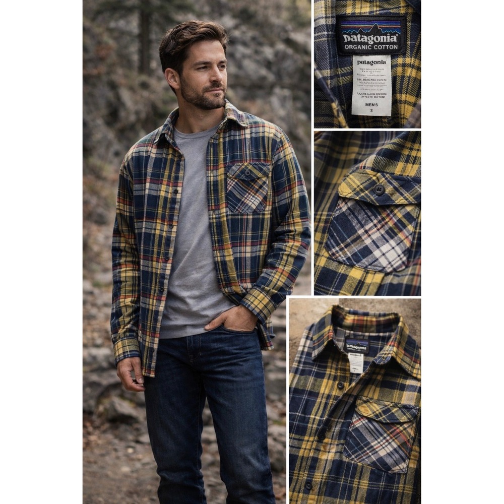 Patagonia Mens S Organic Cotton Flannel Shirt Plaid‎ Long Sleeve Navy Yellow